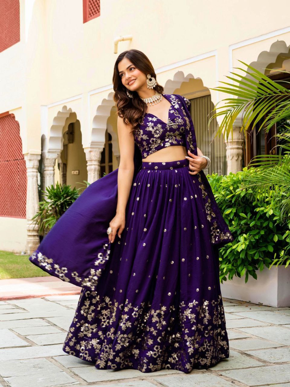 Dark Purple Elegant Vichitra Semi-Stitched Lehenga with Zari & Sequins Embroidery, Unstitched Blouse ClothsVilla