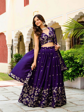 Dark Purple Elegant Vichitra Semi-Stitched Lehenga with Zari & Sequins Embroidery, Unstitched Blouse ClothsVilla