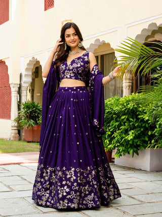 Dark Purple Elegant Vichitra Semi-Stitched Lehenga with Zari & Sequins Embroidery, Unstitched Blouse ClothsVilla