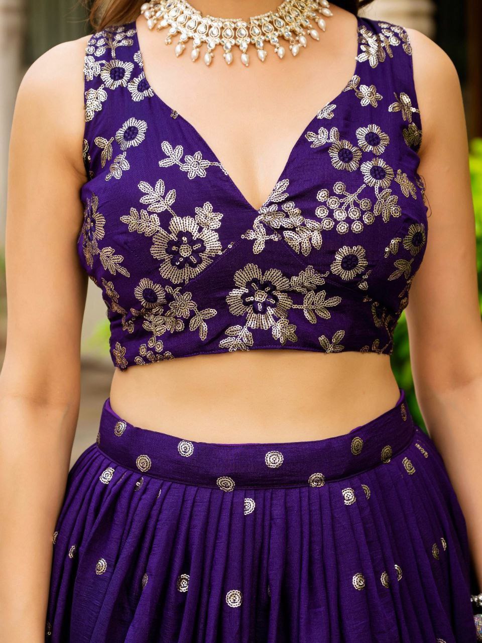 Dark Purple Elegant Vichitra Semi-Stitched Lehenga with Zari & Sequins Embroidery, Unstitched Blouse ClothsVilla