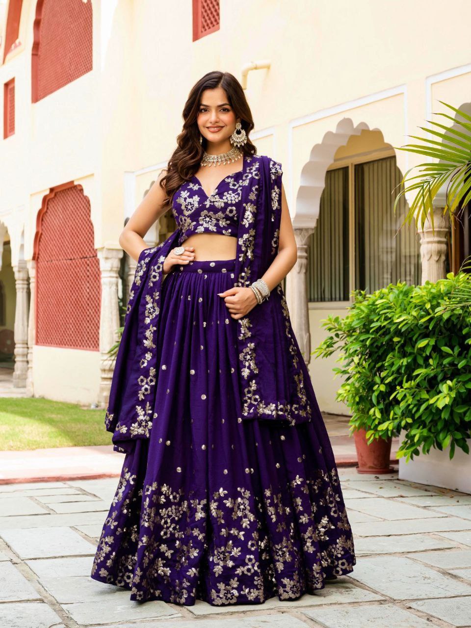 Dark Purple Elegant Vichitra Semi-Stitched Lehenga with Zari & Sequins Embroidery, Unstitched Blouse ClothsVilla Main image