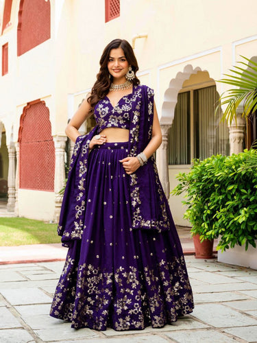 Dark Purple Elegant Vichitra Semi-Stitched Lehenga with Zari & Sequins Embroidery, Unstitched Blouse ClothsVilla