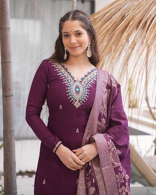 Dark Purple Embroidered Roman Silk Suit Set with Jacquard Dupatta – Zari, Sequins & Coding Work ClothsVilla