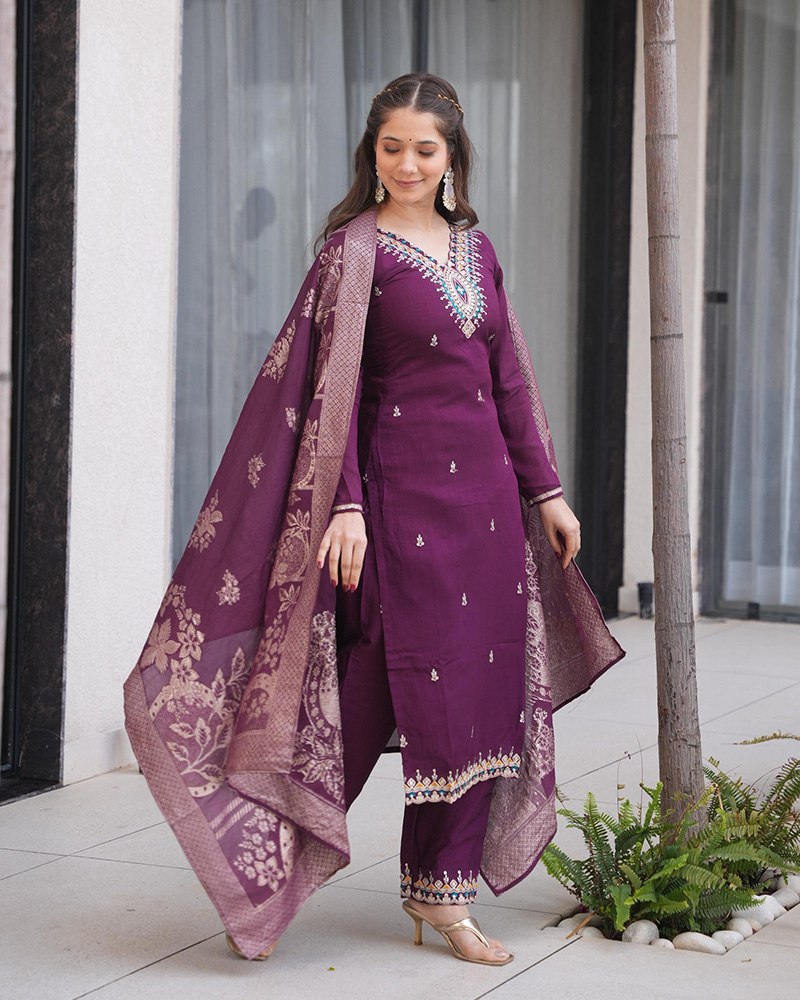 Dark Purple Embroidered Roman Silk Suit Set with Jacquard Dupatta – Zari, Sequins & Coding Work ClothsVilla
