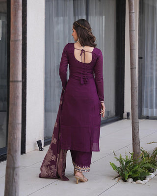 Dark Purple Embroidered Roman Silk Suit Set with Jacquard Dupatta – Zari, Sequins & Coding Work ClothsVilla