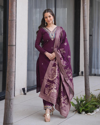 Dark Purple Embroidered Roman Silk Suit Set with Jacquard Dupatta – Zari, Sequins & Coding Work ClothsVilla