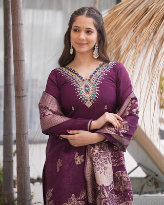 Dark Purple Embroidered Roman Silk Suit Set with Jacquard Dupatta – Zari, Sequins & Coding Work ClothsVilla