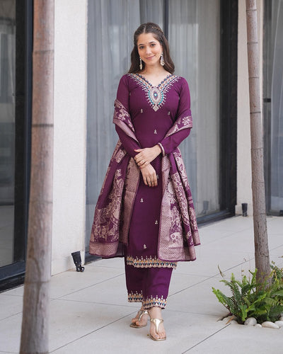 Dark Purple Embroidered Roman Silk Suit Set with Jacquard Dupatta – Zari, Sequins & Coding Work ClothsVilla