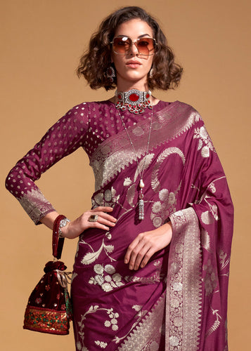 Dark Purple Fairytale Banarasi Georgette Silk Saree with Brocade Blouse – Summer Glam Edition ClothsVilla