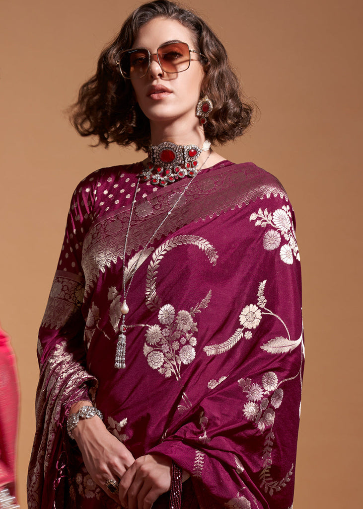 Dark Purple Fairytale Banarasi Georgette Silk Saree with Brocade Blouse – Summer Glam Edition ClothsVilla