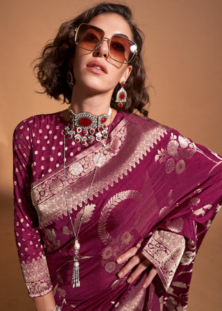 Dark Purple Fairytale Banarasi Georgette Silk Saree with Brocade Blouse – Summer Glam Edition ClothsVilla