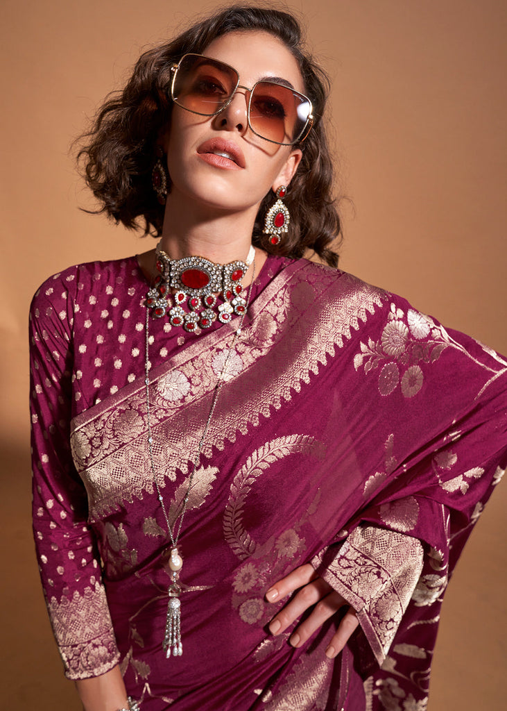 Dark Purple Fairytale Banarasi Georgette Silk Saree with Brocade Blouse – Summer Glam Edition ClothsVilla