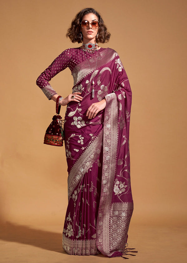 Dark Purple Fairytale Banarasi Georgette Silk Saree with Brocade Blouse – Summer Glam Edition ClothsVilla