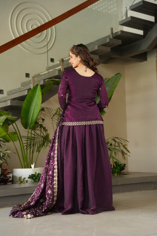 Dark Purple Fendy Fabric Embroidered Kurti Sharara Set with Sequin Zari Dupatta – Fully Lined & Stitched Clothsvilla