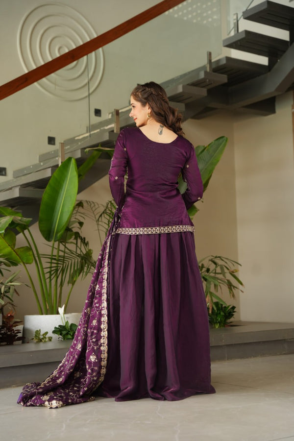 Dark Purple Fendy Fabric Embroidered Kurti Sharara Set with Sequin Zari Dupatta – Fully Lined & Stitched Clothsvilla