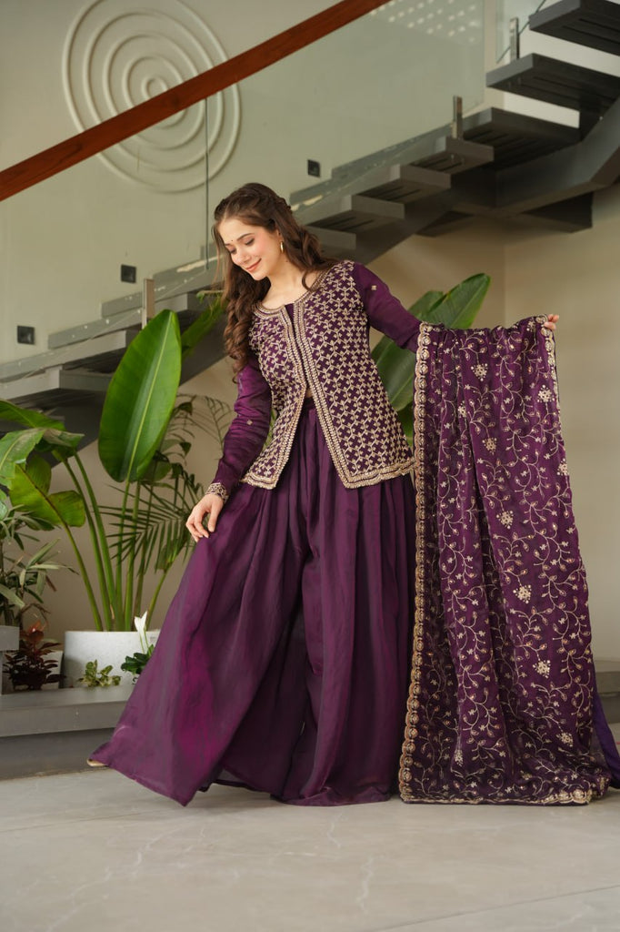 Dark Purple Fendy Fabric Embroidered Kurti Sharara Set with Sequin Zari Dupatta – Fully Lined & Stitched Clothsvilla