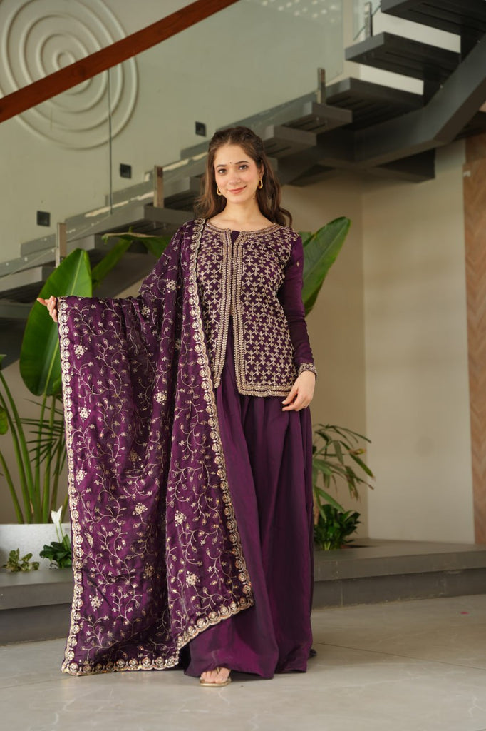 Dark Purple Fendy Fabric Embroidered Kurti Sharara Set with Sequin Zari Dupatta – Fully Lined & Stitched Clothsvilla