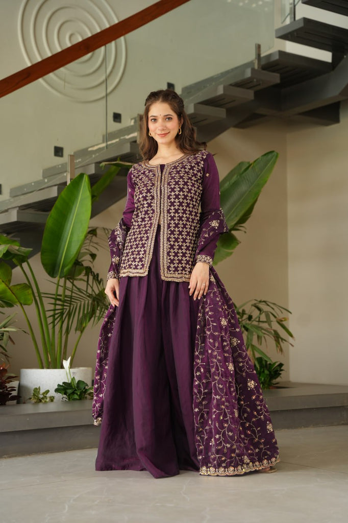 Dark Purple Fendy Fabric Embroidered Kurti Sharara Set with Sequin Zari Dupatta – Fully Lined & Stitched Clothsvilla