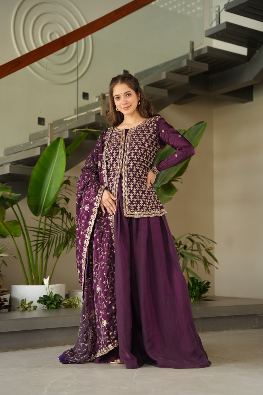 Dark Purple Fendy Fabric Embroidered Kurti Sharara Set with Sequin Zari Dupatta – Fully Lined & Stitched Clothsvilla