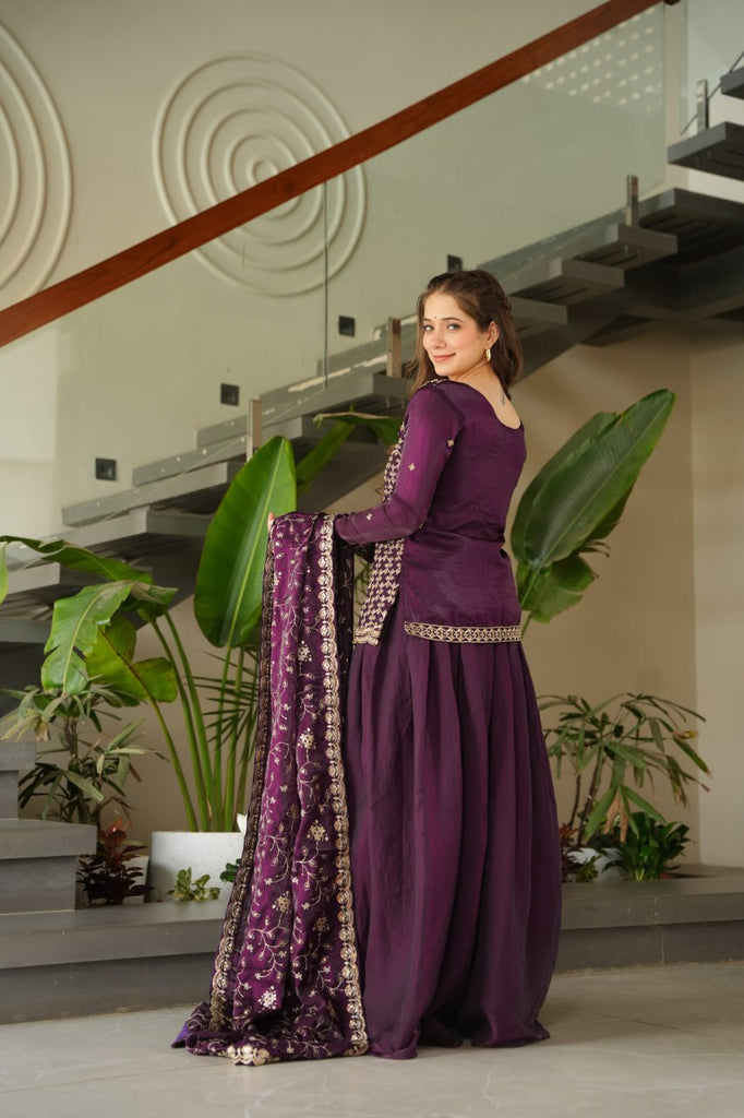 Dark Purple Fendy Fabric Embroidered Kurti Sharara Set with Sequin Zari Dupatta – Fully Lined & Stitched Clothsvilla