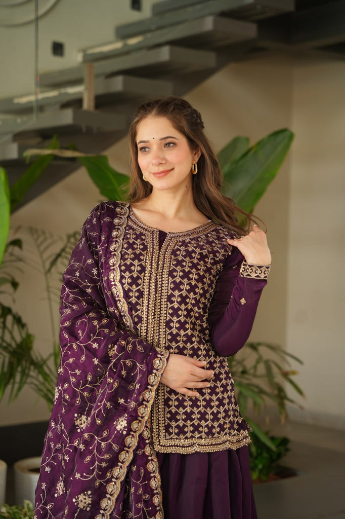 Dark Purple Fendy Fabric Embroidered Kurti Sharara Set with Sequin Zari Dupatta – Fully Lined & Stitched Clothsvilla