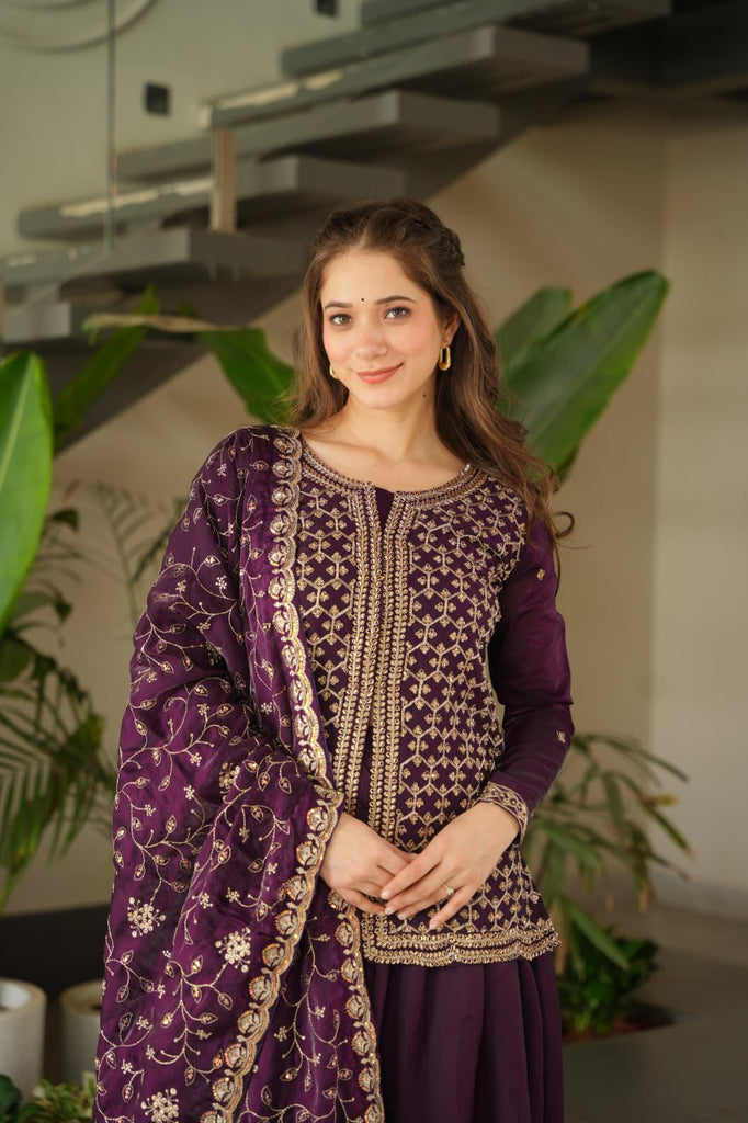 Dark Purple Fendy Fabric Embroidered Kurti Sharara Set with Sequin Zari Dupatta – Fully Lined & Stitched Clothsvilla