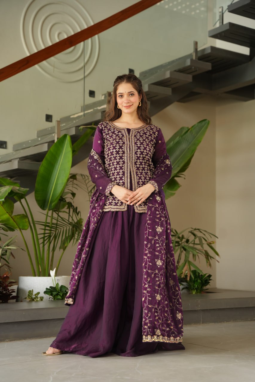 Dark Purple Fendy Fabric Embroidered Kurti Sharara Set with Sequin Zari Dupatta – Fully Lined & Stitched Clothsvilla