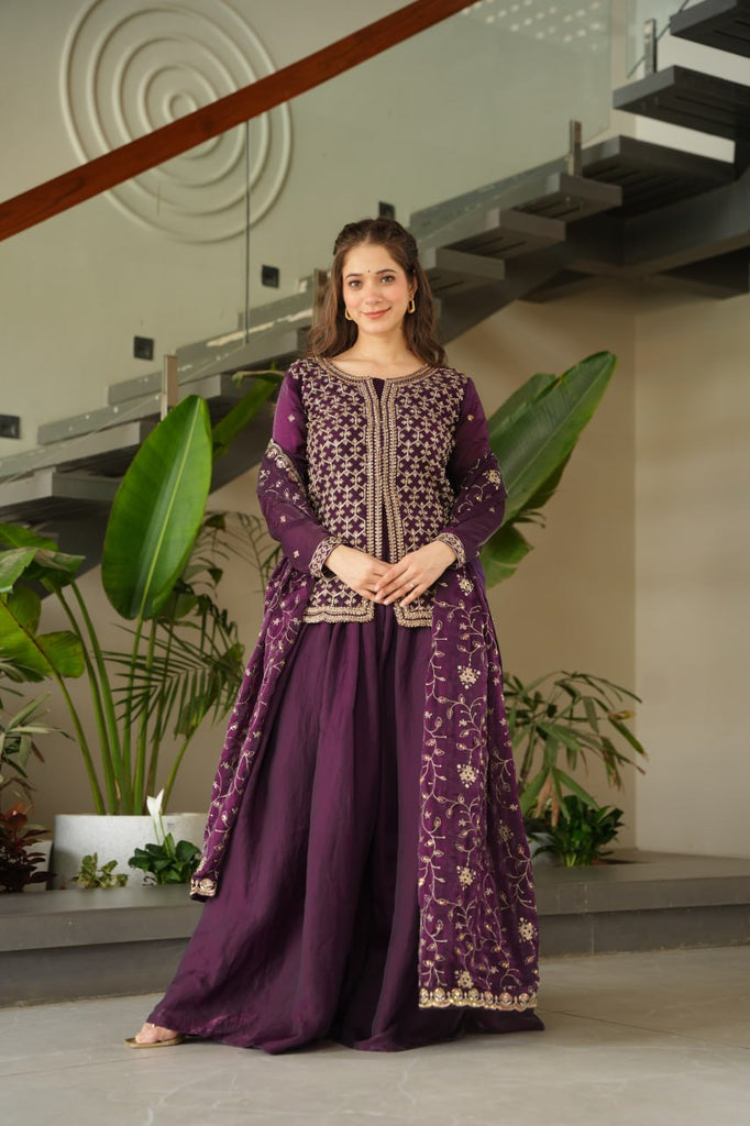 Dark Purple Fendy Fabric Embroidered Kurti Sharara Set with Sequin Zari Dupatta – Fully Lined & Stitched Clothsvilla
