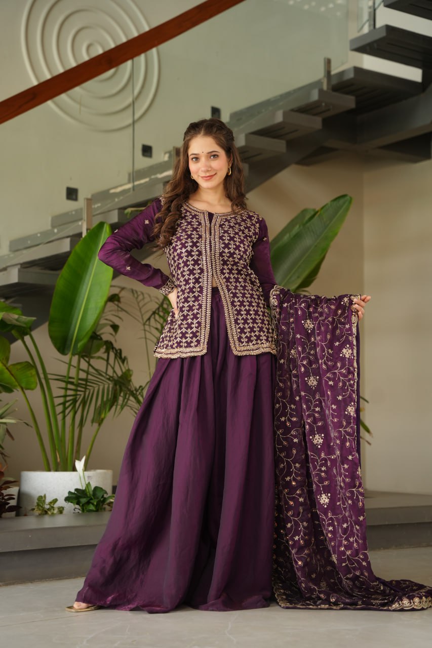 Dark Purple Fendy Fabric Embroidered Kurti Sharara Set with Sequin Zari Dupatta – Fully Lined & Stitched Clothsvilla