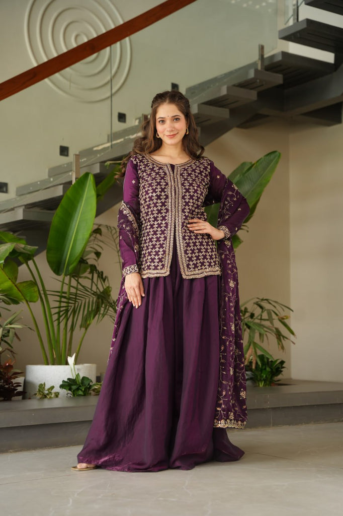 Dark Purple Fendy Fabric Embroidered Kurti Sharara Set with Sequin Zari Dupatta – Fully Lined & Stitched Clothsvilla