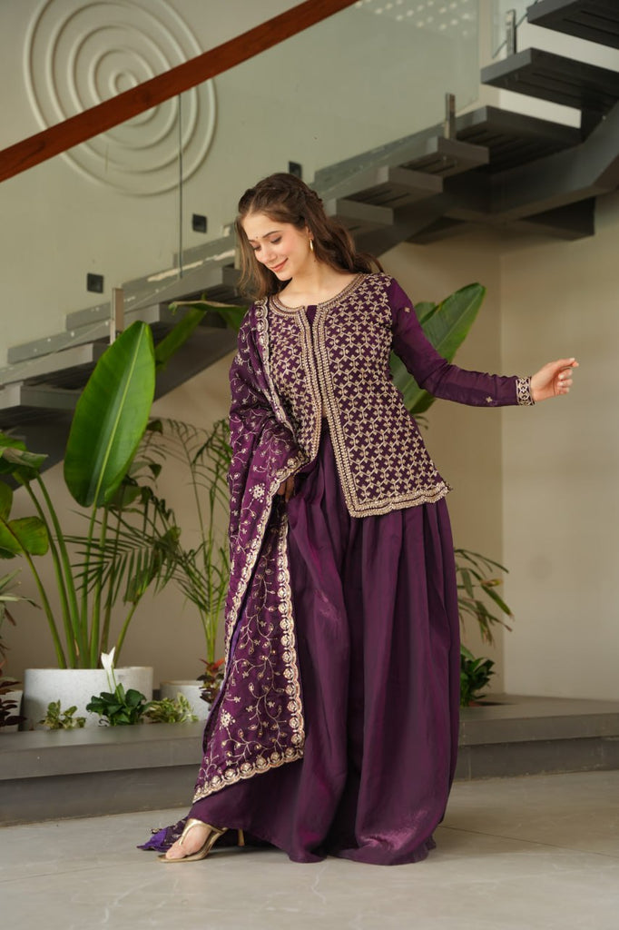 Dark Purple Fendy Fabric Embroidered Kurti Sharara Set with Sequin Zari Dupatta – Fully Lined & Stitched Clothsvilla