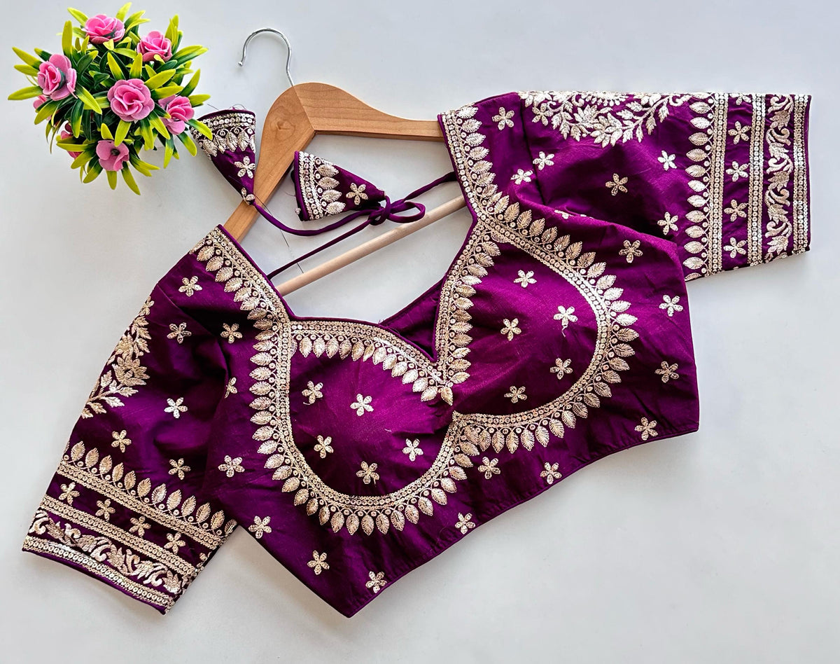 Dark Purple Golden Embroidered Blubbery Silk Blouse with Sequins ClothsVilla Main image