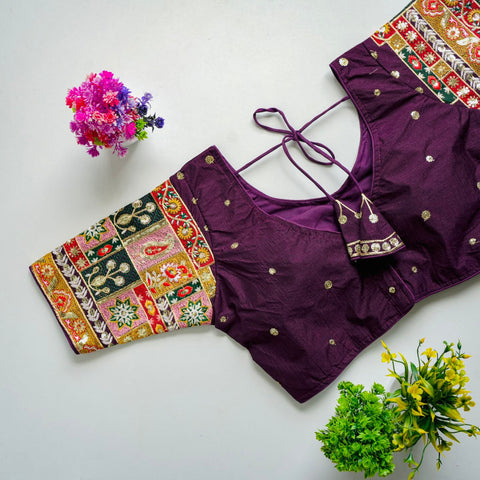 Dark Purple Golden Embroidered Seoul Silk Blouse with Sequins ClothsVilla Main image
