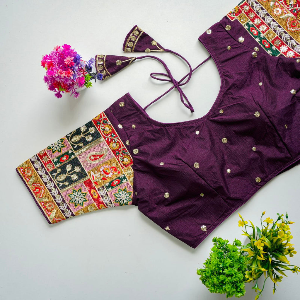 Dark Purple Golden Embroidered Seoul Silk Blouse with Sequins ClothsVilla