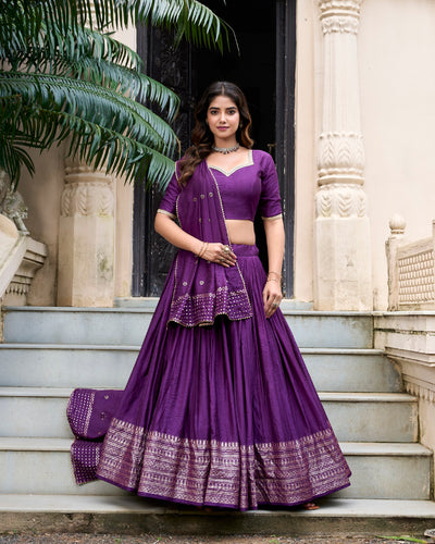 Dark Purple Graceful Elegance Pure Chanderi Lehenga with Zari Border & Sequin Dupatta