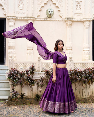 Dark Purple Graceful Elegance Pure Chanderi Lehenga with Zari Border & Sequin Dupatta