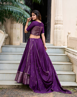 Dark Purple Graceful Elegance Pure Chanderi Lehenga with Zari Border & Sequin Dupatta