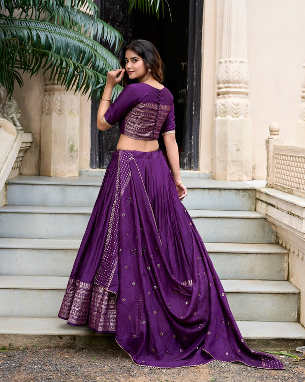 Dark Purple Graceful Elegance Pure Chanderi Lehenga with Zari Border & Sequin Dupatta