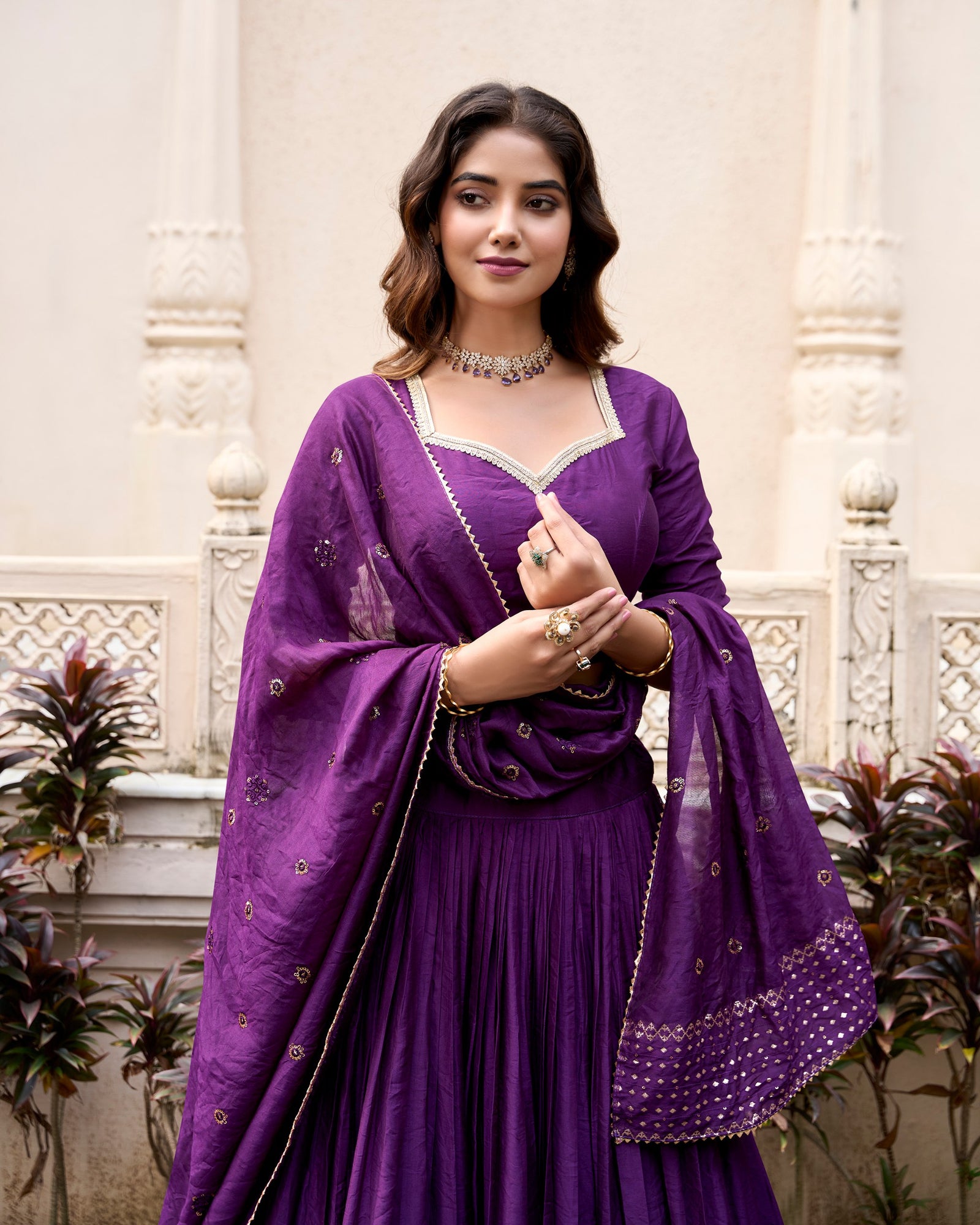 Dark Purple Graceful Elegance Pure Chanderi Lehenga with Zari Border & Sequin Dupatta