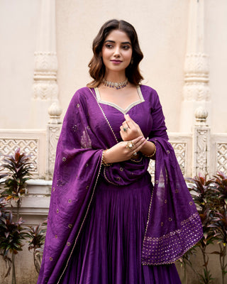 Dark Purple Graceful Elegance Pure Chanderi Lehenga with Zari Border & Sequin Dupatta