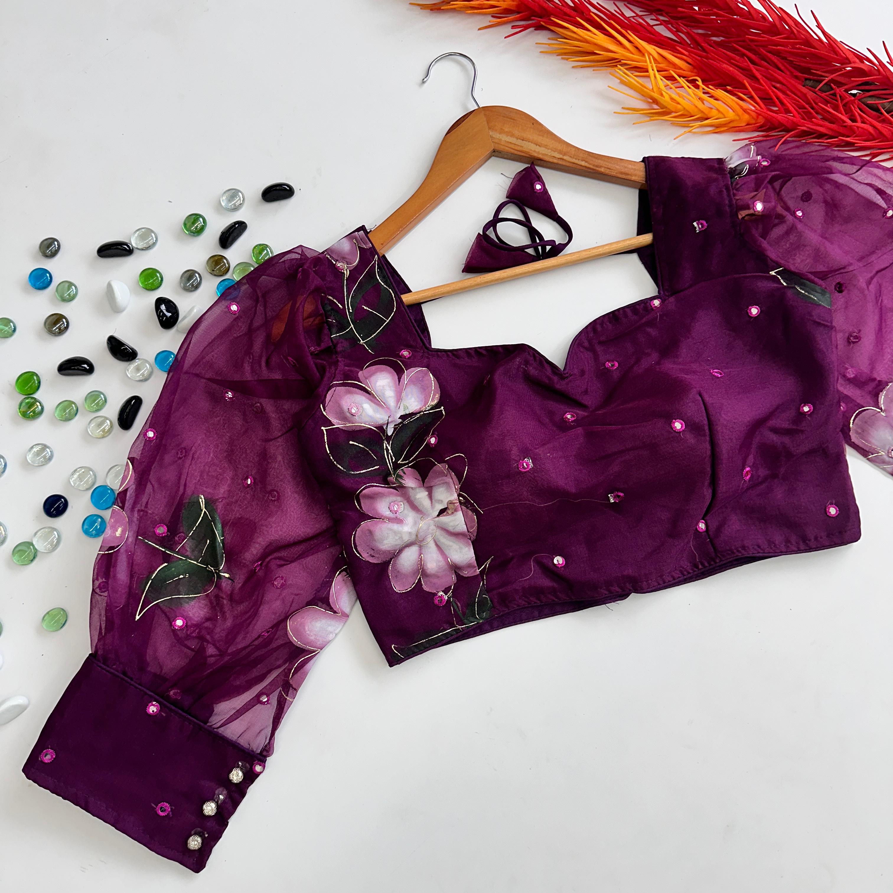 Dark Purple Hand-Painted Organza Silk Blouse with Embroidery Accents ClothsVilla Main image