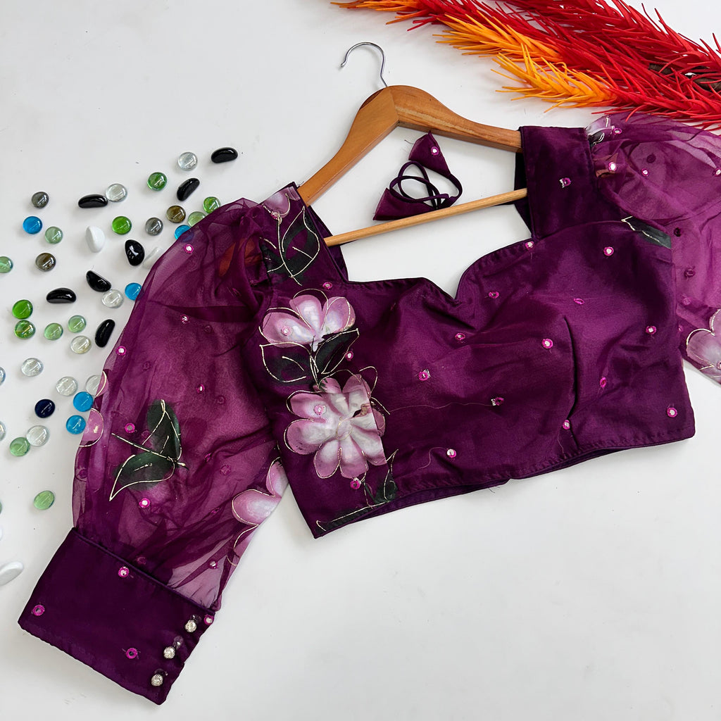 Dark Purple Hand-Painted Organza Silk Blouse with Embroidery Accents ClothsVilla