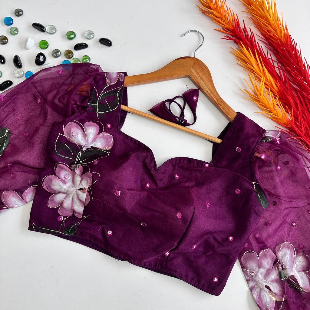 Dark Purple Hand-Painted Organza Silk Blouse with Embroidery Accents ClothsVilla