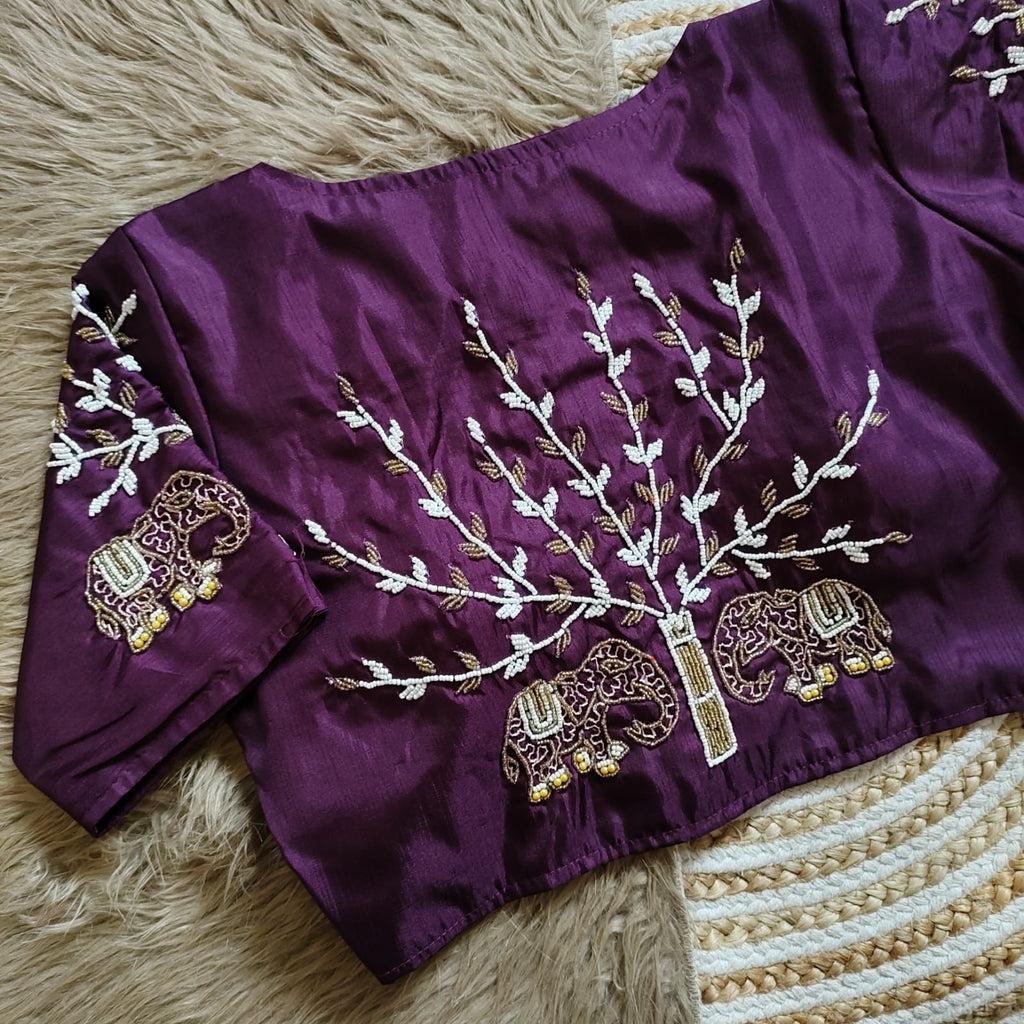 Dark Purple Handcrafted Blouse with Detailed Sleeves and Back in Haka Silk ClothsVilla