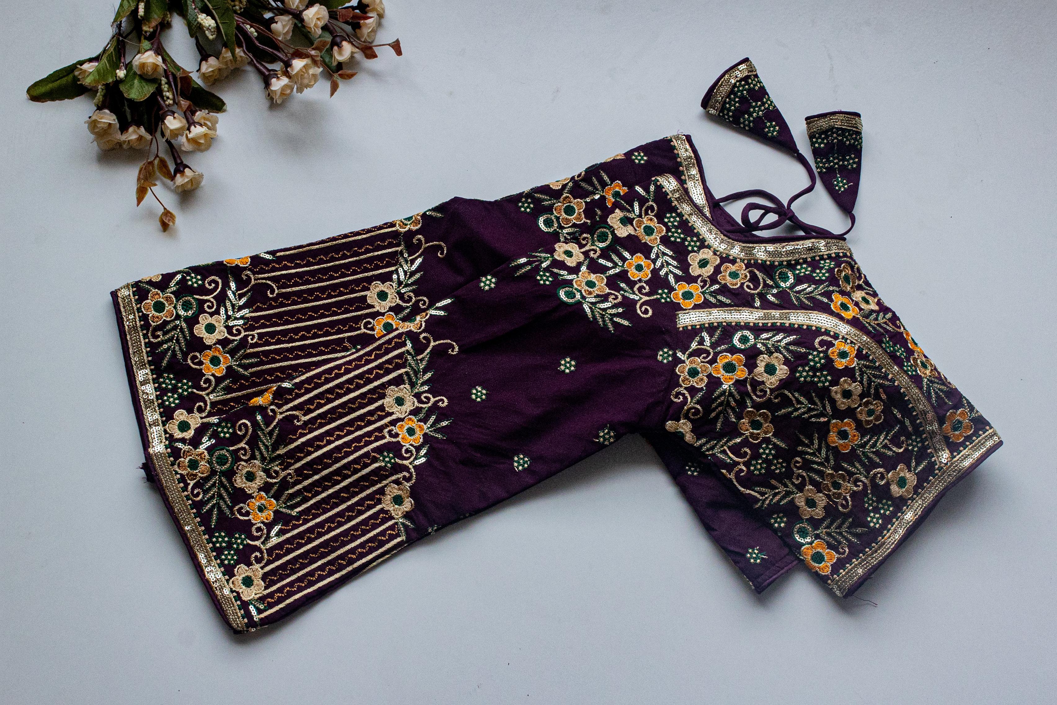 Dark Purple Handcrafted Sequined Blouse in Khushi Silk ClothsVilla