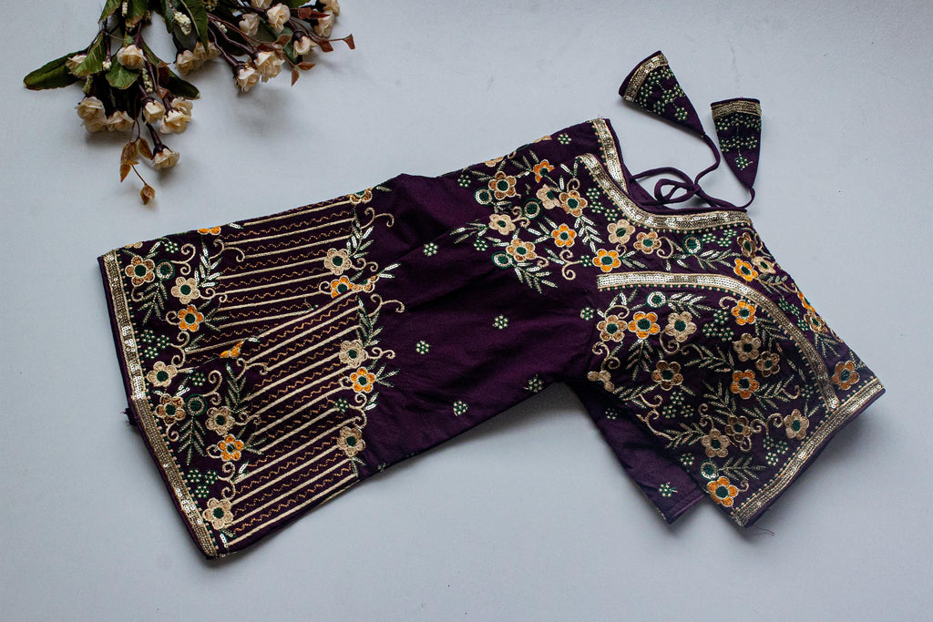 Dark Purple Handcrafted Sequined Blouse in Khushi Silk ClothsVilla