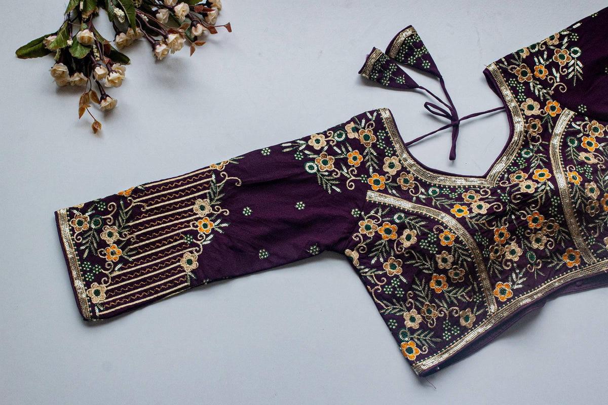Dark Purple Handcrafted Sequined Blouse in Khushi Silk ClothsVilla Main image