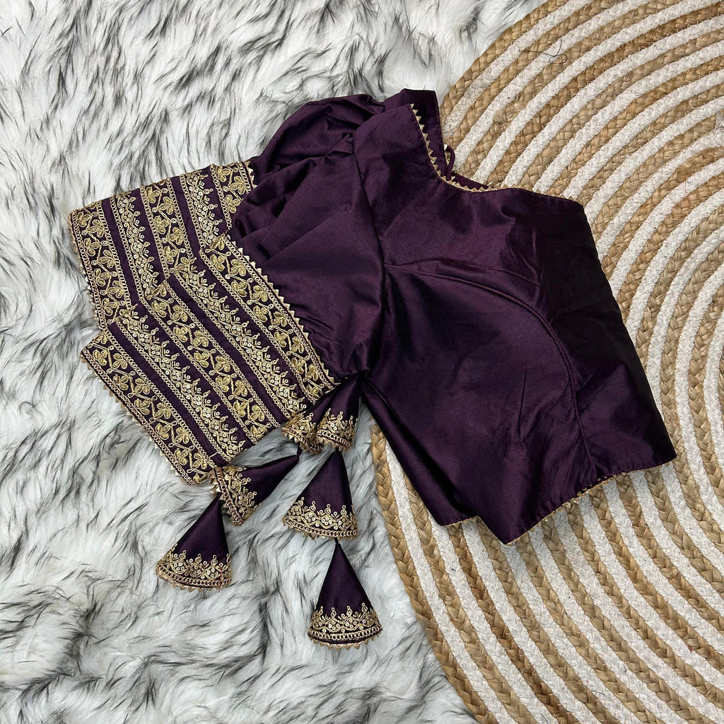 Dark Purple Kilmora Silk Blouse with Handcrafted Embroidery and Sequence Accents ClothsVilla