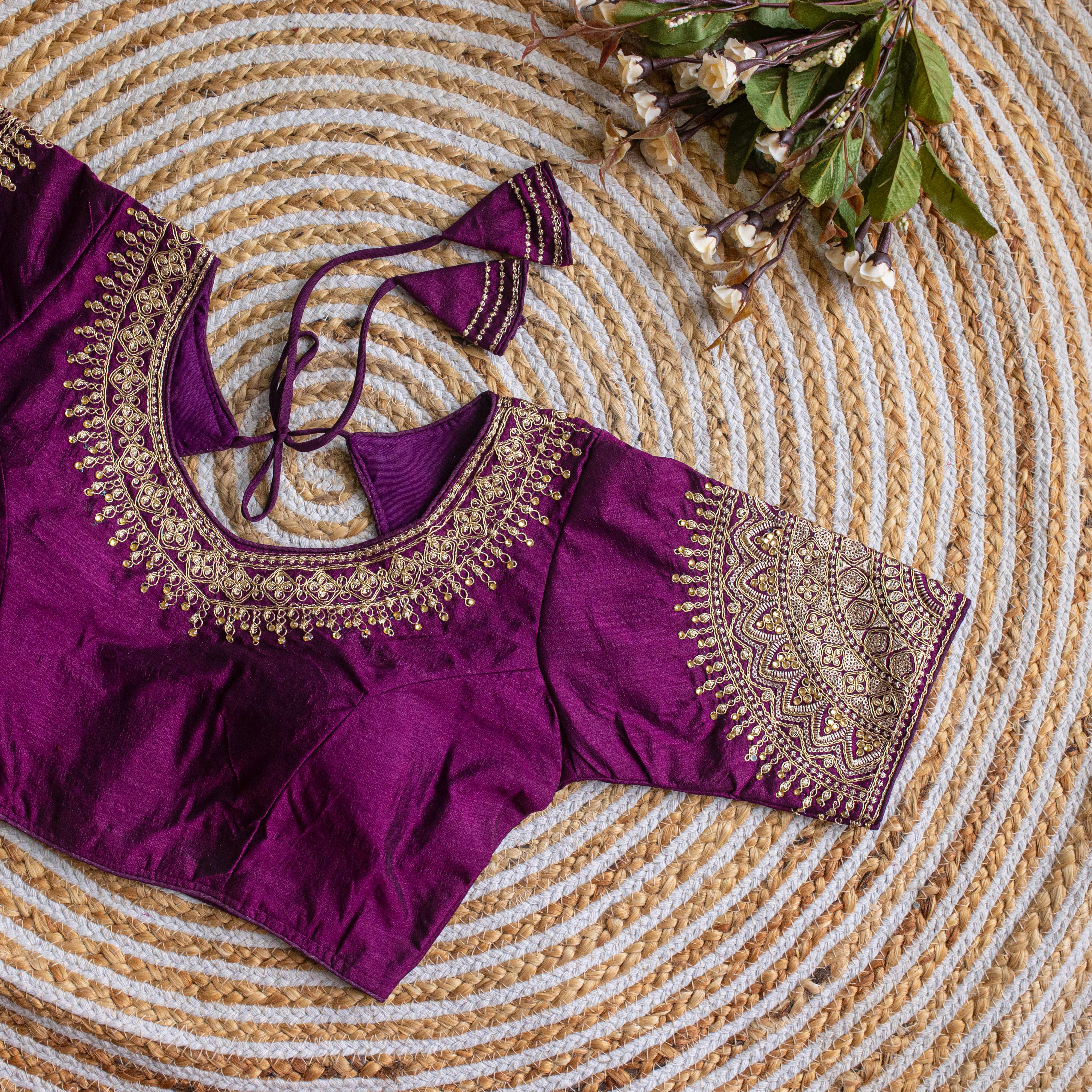 Dark Purple Luxurious Lucknowi Silk Blouse with Golden Embroidery and Sequins ClothsVilla Main image