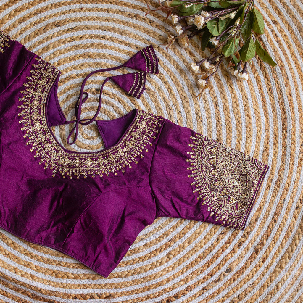 Dark Purple Luxurious Lucknowi Silk Blouse with Golden Embroidery and Sequins ClothsVilla